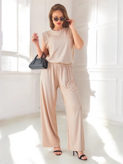 Royalfashion Sieviešu ribotu viskozes komplekts, bez piedurknēm ar platu biksēm