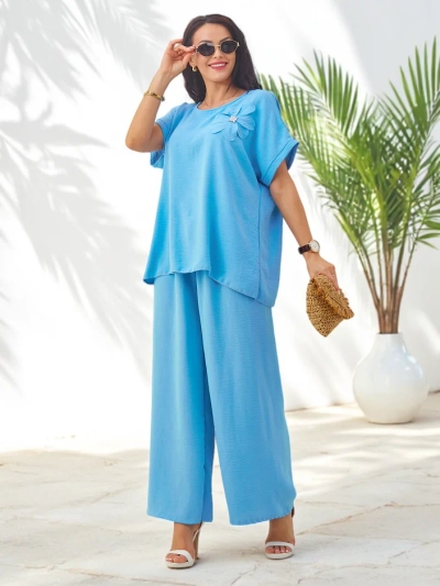 Royalfashion Women's set with short sleeves, decorative flower, and wide pants