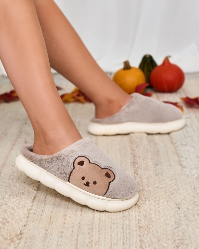 Royalfashion Women's fur slippers with teddy bear in gray Fetemes