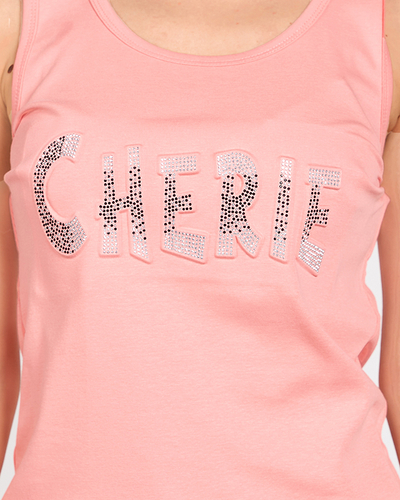 Coral women's top with inscription and cubic zirconia - Clothing