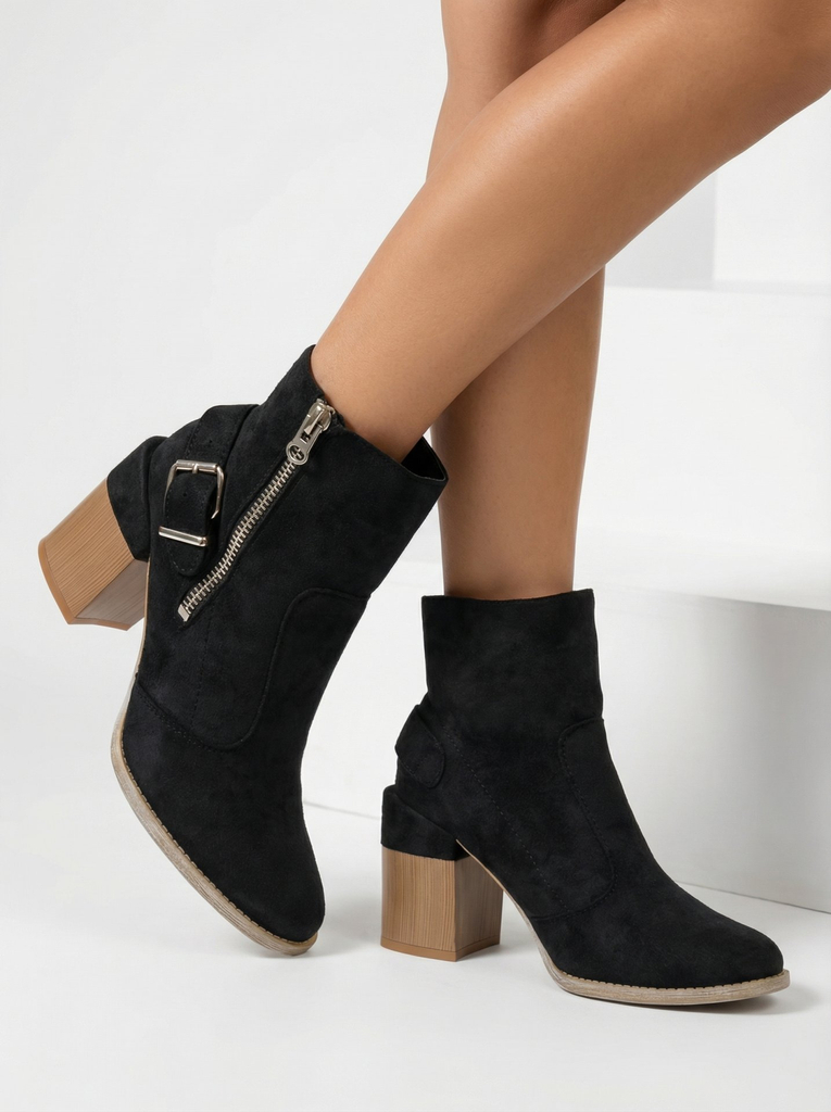 Royalfashion Черные женские сапоги на высокой шпильке из эко-замши Acimra