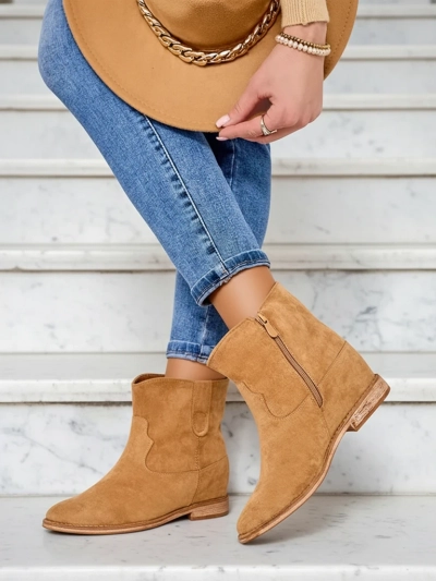 Royalfashion Brown ankle boots with cowboy style on covered wedge Patorias