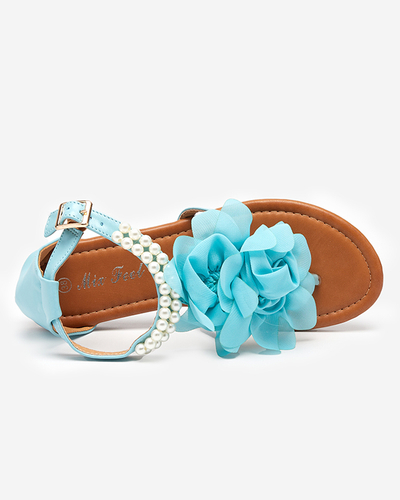OUTLET Blue women's sandals with pearls and fabric flower Amerile - Footwear