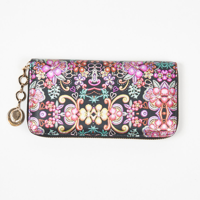 Large black women's wallet with a floral pattern - Accessories