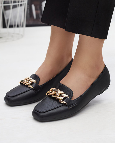 Black women's moccasins with embossing and chain on the toe by Kedis - Footwear