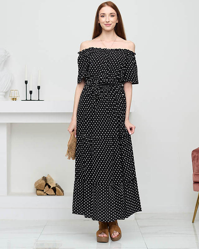 Black ladies midi dress with open back polka dots - Clothing