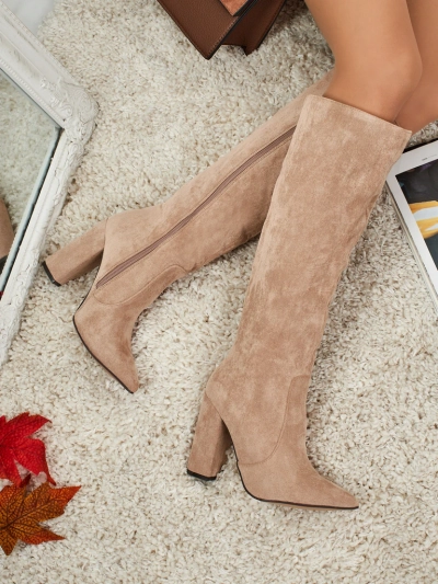 Damen-Öko-Wildleder-Schaftstiefel mat Blockabsatz Feravi