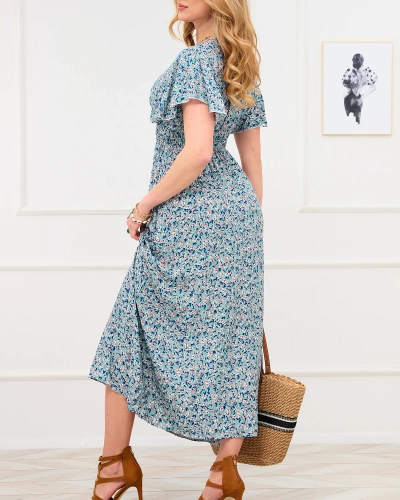 Green women's floral dress with envelope neckline - Clothing