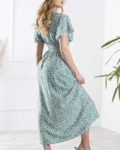 Floral dark green women's dress with envelope neckline - Clothing