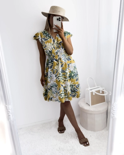 Mustard women's mini dress with floral print - Clothing