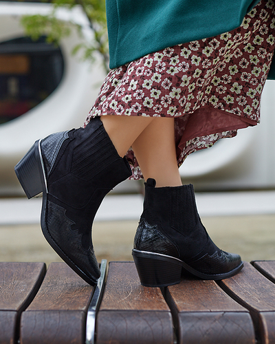 Melni eko zamšādas kovboju zābaki uz zema staba Zirras - Apavi