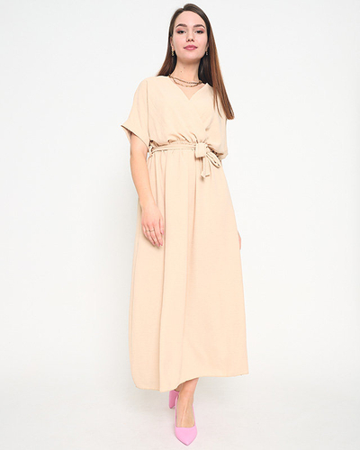 Beige women's simple dress with envelope neckline - Clothing