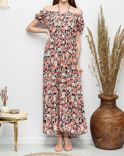 Long navy blue women's dress with coral flowers - Clothing