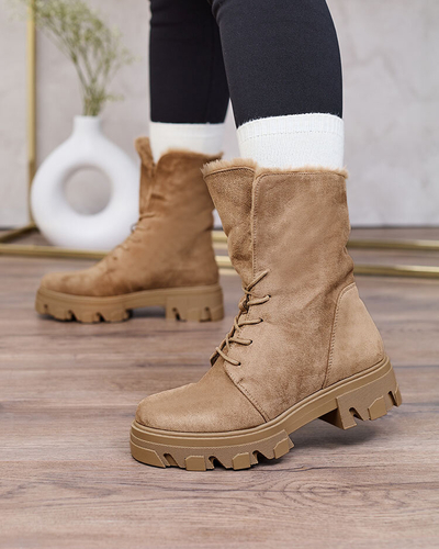 Royalfashion Gaiši brūni sieviešu mežģīņu zābaki Cavenma