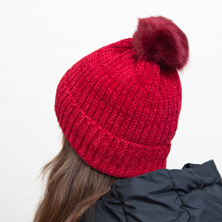 Maroon insulated beanie with white stripes and pompom - Accessories