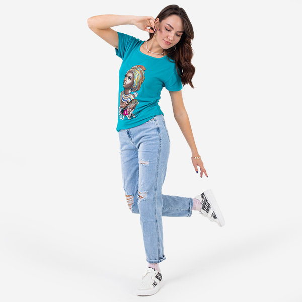 Blue women's t-shirt with colored print and sequins - Clothing