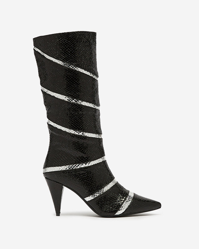 Black and silver women's stiletto heeled boots with embossed stripes Felifea- Footwear