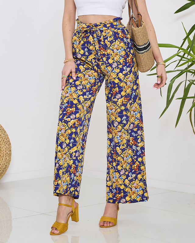 Sieviešu zilas palaco bikses ar tumši ziliem ziediem - Apģērbs
