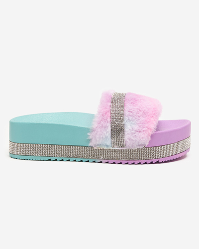 Violet-mint women's slippers with fur and cubic zirconia Zerika - Footwear