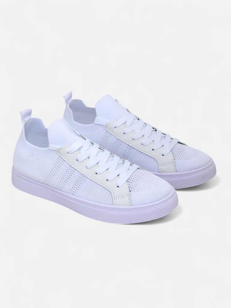 Aurelio White Textile Sneakers with Eco Leather on a Flat 2.5 cm Platform
