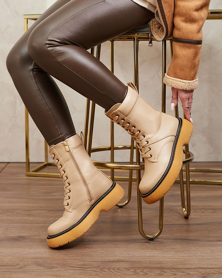 Royalfashion Bēšas krāsas sieviešu mežģīņu zābaki ar cietu zoli Diret