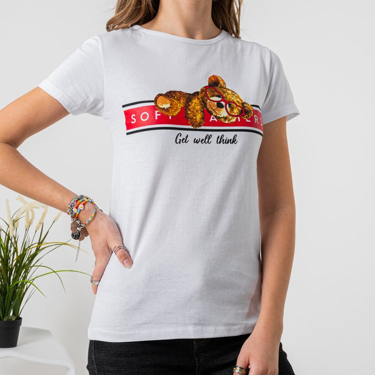 Women's white cotton t-shirt with a print - Clothing