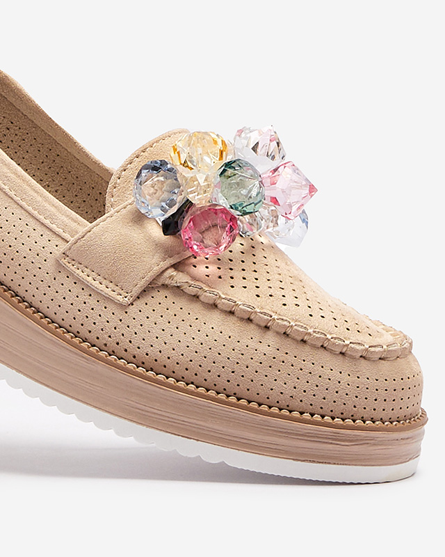 Light brown women's moccasins with decorative crystals Liscutio- Footwear
