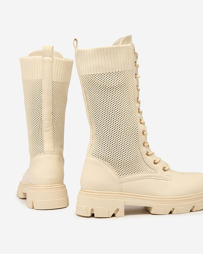 Royalfashion Sieviešu ažūra krēma krāsas mežģīņu zābaki Buhomias