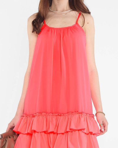 Pink neon women's dress on straps with frills - Clothing