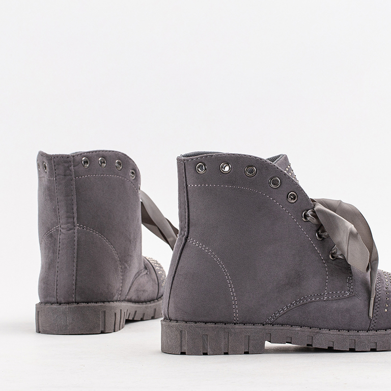 Grey women's boots with zircons laced with ribbon Segadi - Footwear