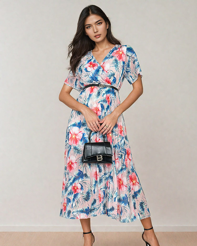 Royalfashion Sieviešu plisēta puķaina midi kleita