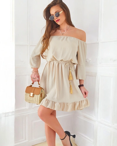 Royalfashion Women's mini dress off-the-shoulder with long sleeves and rhinestones