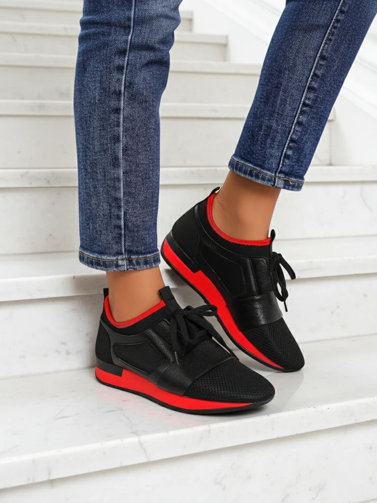 Women's Artemida Nero sneakers made of fabric and eco-leather with a red accent