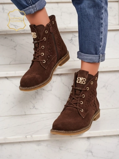 Aurelia Brown Suede Ankle Boots with Fur, Openwork, Elegant, 2.5cm