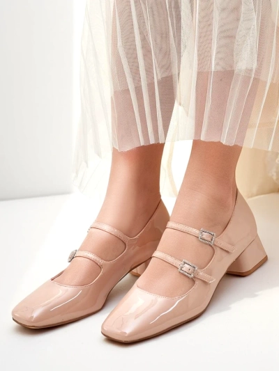 Royalfashion Patent leather women’s pumps on a block heel with straps Vible