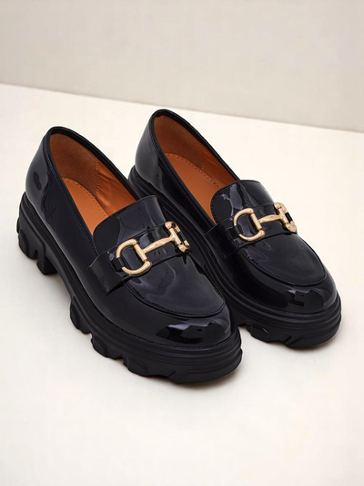 Royalfashion Patent Leather Women's Loafers with Decoration Black Velvet