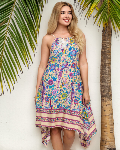 Women's beige patterned cape dress - Clothing