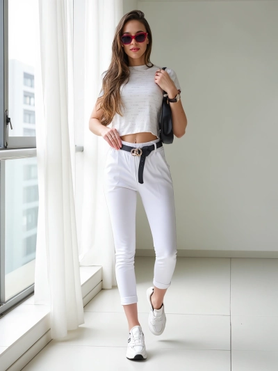 Royalfashion Women's skinny viscose trousers with belt