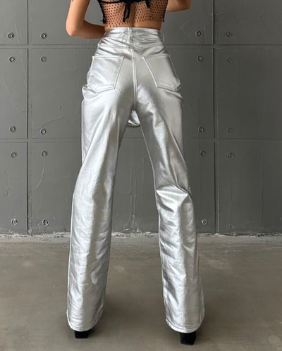 Royalfashion Sieviešu metāliskas platās bikses