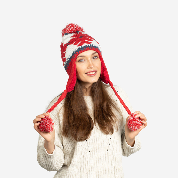 Red women's insulated hat with snowflakes and pom-poms - Accessories