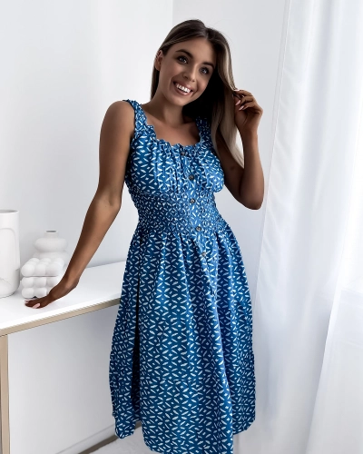 Women's knee-length dress with print in blue- Clothing