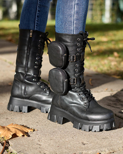 Melni strādnieku zābaki ar dekoratīvām paciņām virspusē Sello- Footwear