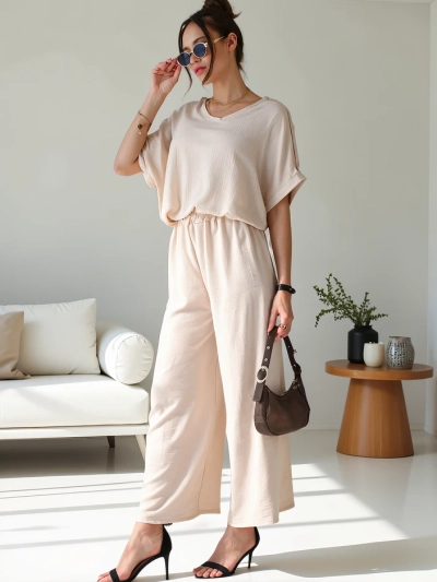 Royalfashion Women's casual set with a short sleeve blouse and wide pants