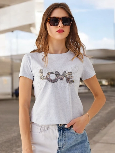 Royalfashion Women's Cotton T-shirt LOVE with rhinestones