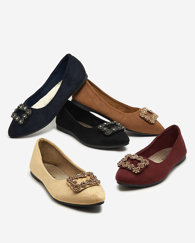 OUTLET Brown women's eco-suede ballerinas with Linselis decoration - Footwear