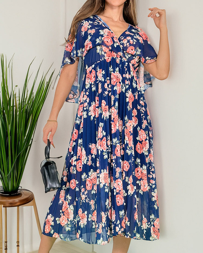 Royalfashion Sieviešu plisēta puķaina midi kleita