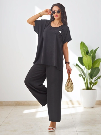 Royalfashion Women's set with short sleeves, decorative flower, and wide pants