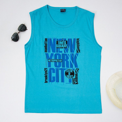 Blue cotton men's t-shirt with lettering - Clothing