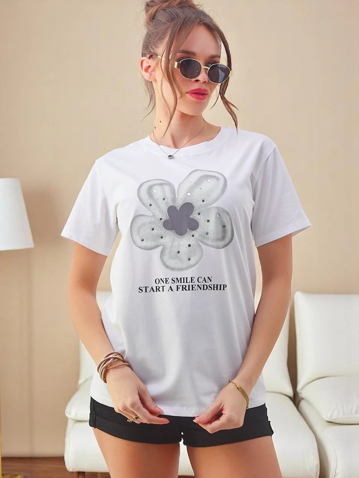 Royalfashion Sieviešu kokvilnas T-krekls ar ziedu