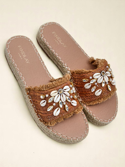 Сандалии Royalfashion Callista Boho Camel на плоской платформе с ракушками